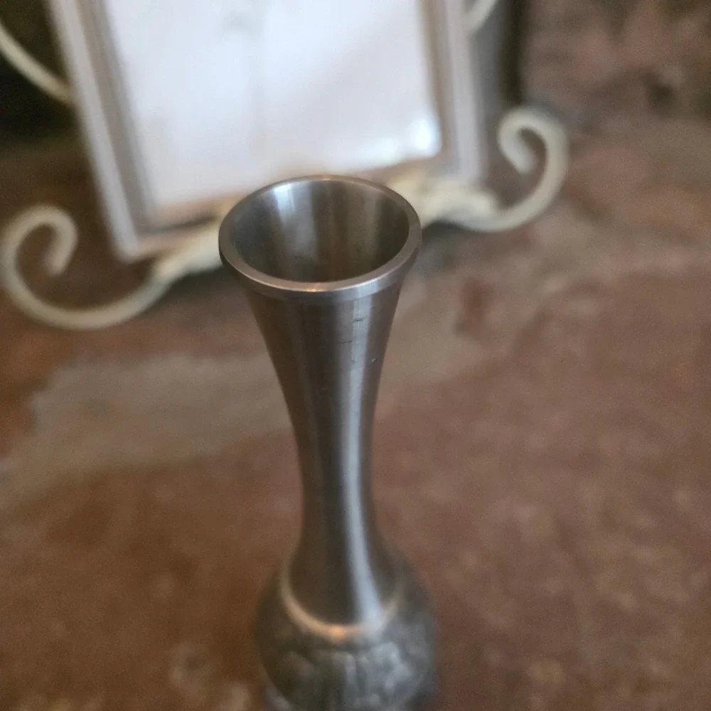 Vintage Pewter Silver Elephant Bud Vase Safari Scene Embossed Metal Decor 7 inch